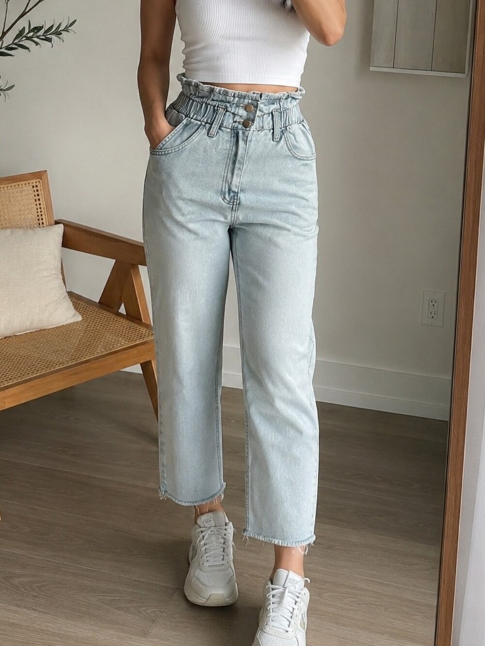 Oak + Fort Paperbag Jeans Size M Light Wash HighRise Elastic Waist Cropped Pants